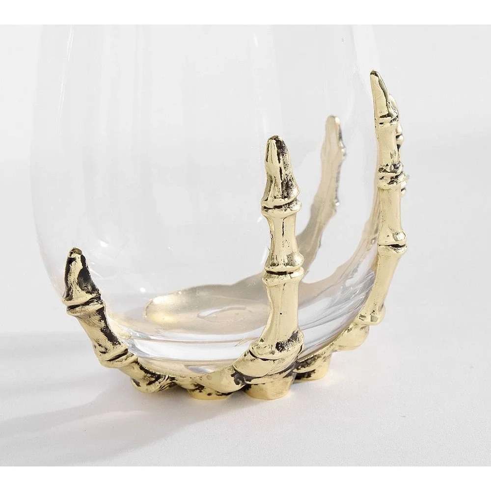 Pottery Barn Brass Skeleton Hand Stemless Wine Glass Halloween Gothic Fast Ship